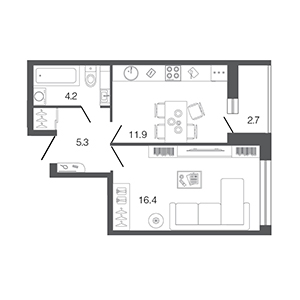1-комнатная, 37.8 м² — ЖК ЖК Ультра Сити