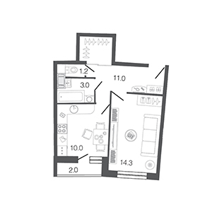 1-комнатная, 39.5 м² — ЖК ЖК Ультра Сити