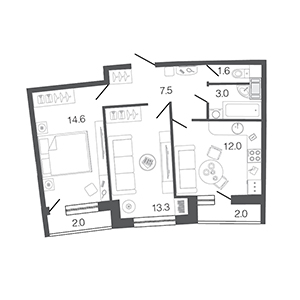 2-комнатная, 52 м² — ЖК ЖК Ультра Сити