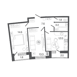 2-комнатная, 52.7 м² — ЖК ЖК Ультра Сити