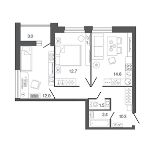 2-комнатная, 53.5 м² — ЖК ЖК Ультра Сити
