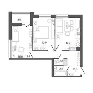 2-комнатная, 53.8 м² — ЖК ЖК Ультра Сити