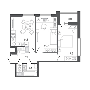 2-комнатная, 55.6 м² — ЖК ЖК Ультра Сити