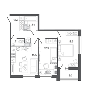 2-комнатная, 57.5 м² — ЖК ЖК Ультра Сити