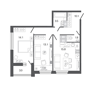 2-комнатная, 58.4 м² — ЖК ЖК Ультра Сити