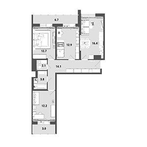 3-комнатная, 74.1 м² — ЖК ЖК Ультра Сити