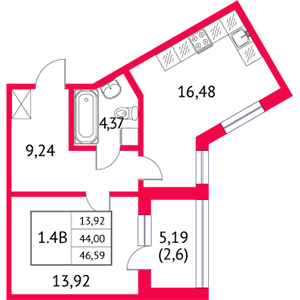 1-комнатная, 46.59 м² — ЖК ЖК Неоклассика 2