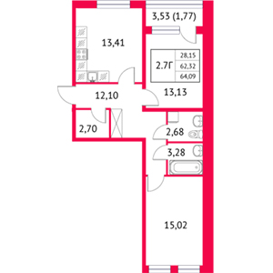 2-комнатная, 64.09 м² — ЖК ЖК Неоклассика 2
