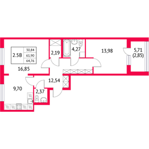 2-комнатная, 64.76 м² — ЖК ЖК Неоклассика 2
