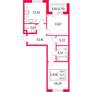 2-комнатная, 66.5 м² — ЖК ЖК Неоклассика 2