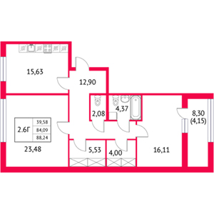 2-комнатная, 88.24 м² — ЖК ЖК Неоклассика 2