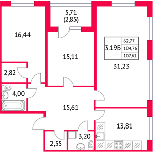 3-комнатная, 107.61 м² — ЖК ЖК Неоклассика 2