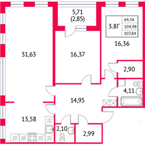 3-комнатная, 107.84 м² — ЖК ЖК Неоклассика 2