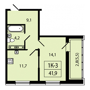 1-комнатная, 42.3 м² — ЖК ЖК Аист