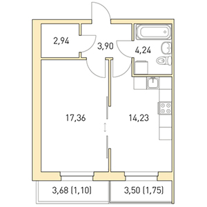 1-комнатная, 45.52 м² — ЖК ЖК Горки Парк