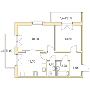2-комнатная, 67.65 м² — ЖК ЖК Горки Парк
