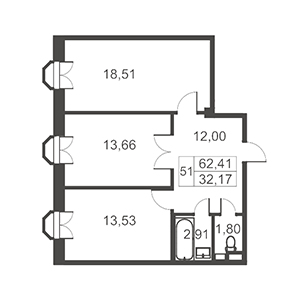 2-комнатная, 62.75 м² — ЖК ЖК Артхаус