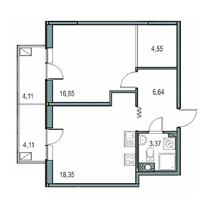 1-комнатная, 49.56 м² — ЖК ЖК Новоорловский
