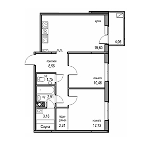 2-комнатная, 61.43 м² — ЖК ЖК Новоорловский
