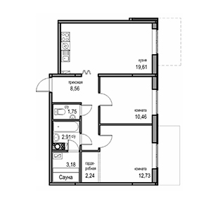 2-комнатная, 61.44 м² — ЖК ЖК Новоорловский