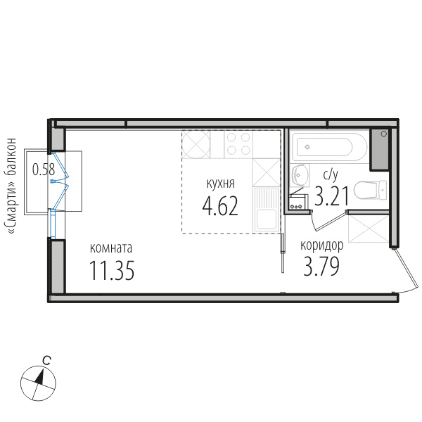 1-комнатная, 23.3 м² — ЖК ЖК Инкери
