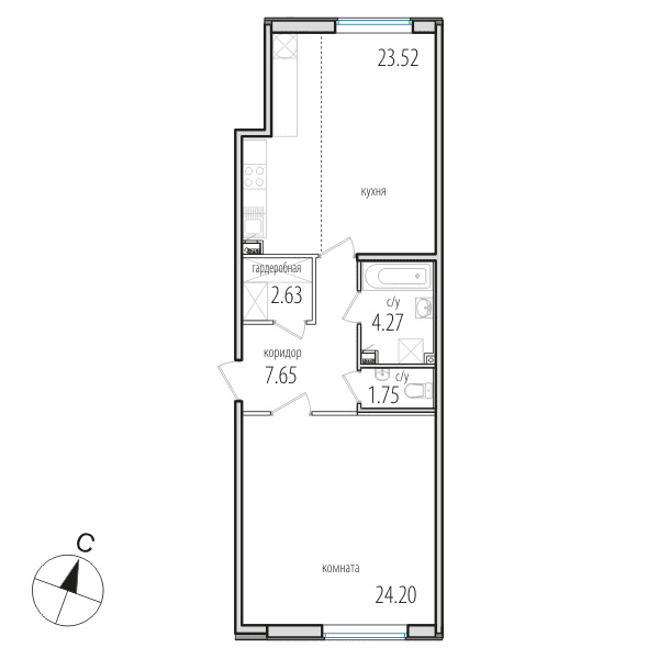 1-комнатная, 64.2 м² — ЖК ЖК Инкери