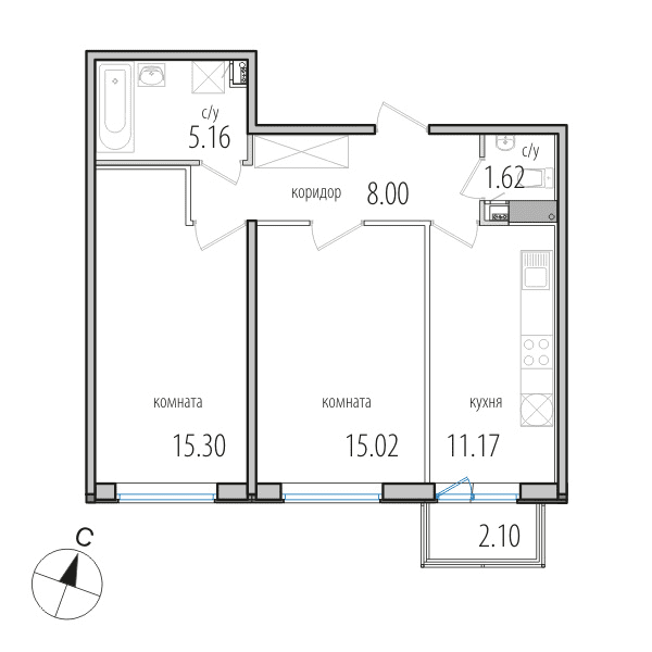 2-комнатная, 56.4 м² — ЖК ЖК Инкери