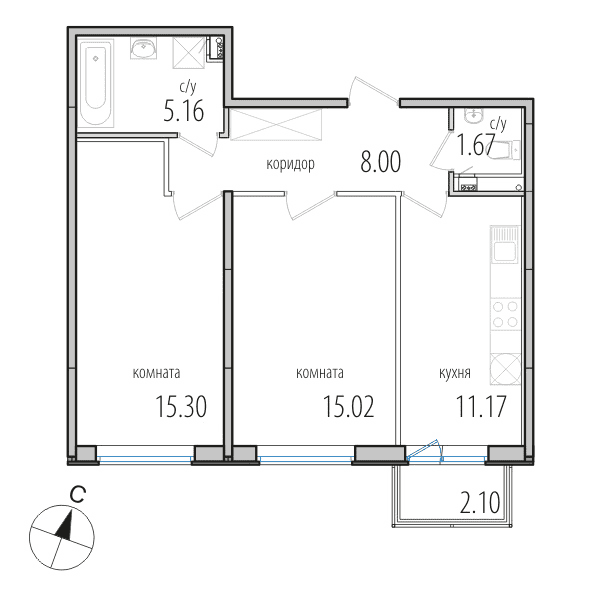 2-комнатная, 57.2 м² — ЖК ЖК Инкери
