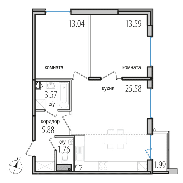 2-комнатная, 63.8 м² — ЖК ЖК Инкери