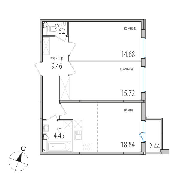 2-комнатная, 65.6 м² — ЖК ЖК Инкери