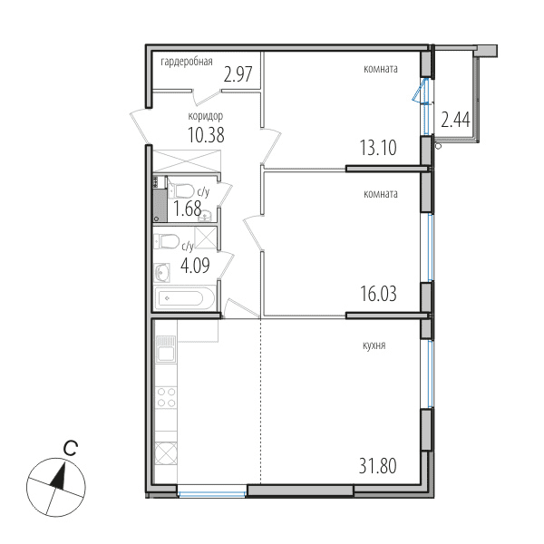 2-комнатная, 80 м² — ЖК ЖК Инкери