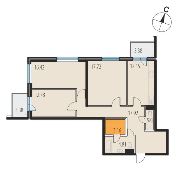 3-комнатная, 87.9 м² — ЖК ЖК Инкери