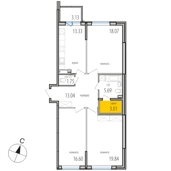 3-комнатная, 91.9 м² — ЖК ЖК Инкери