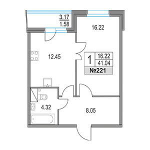 1-комнатная, 41.04 м² — ЖК ЖК Приморский квартал