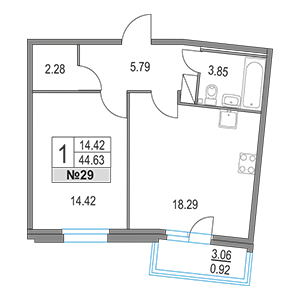 1-комнатная, 44.63 м² — ЖК ЖК Приморский квартал
