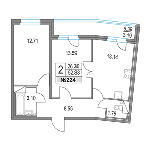 2-комнатная, 52.88 м² — ЖК ЖК Приморский квартал