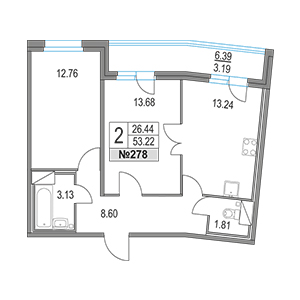2-комнатная, 53.22 м² — ЖК ЖК Приморский квартал