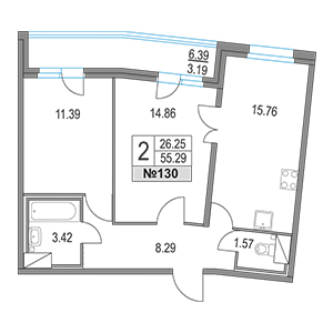 2-комнатная, 55.29 м² — ЖК ЖК Приморский квартал