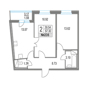 2-комнатная, 57.3 м² — ЖК ЖК Приморский квартал