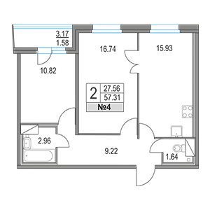 2-комнатная, 57.31 м² — ЖК ЖК Приморский квартал