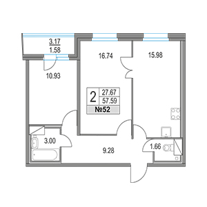 2-комнатная, 57.59 м² — ЖК ЖК Приморский квартал