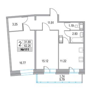 2-комнатная, 62.26 м² — ЖК ЖК Приморский квартал