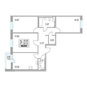 3-комнатная, 83.76 м² — ЖК ЖК Приморский квартал