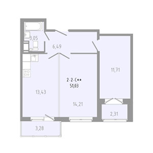 2-комнатная, 51.03 м² — ЖК ЖК Вало (Valo)