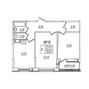 2-комнатная, 56.93 м² — ЖК ЖК Лиговский Сити