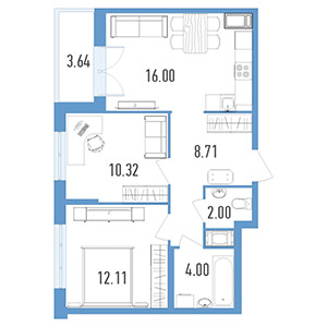 2-комнатная, 55.9 м² — ЖК ЖК Магеллан