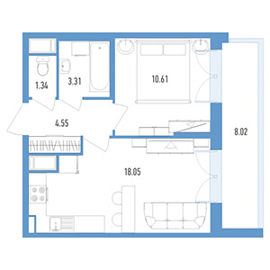 1-комнатная, 42.3 м² — ЖК ЖК Колумб