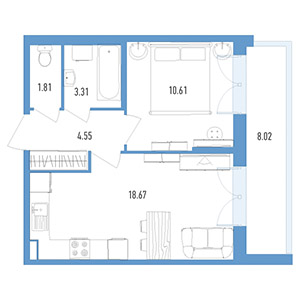 1-комнатная, 42.6 м² — ЖК ЖК Колумб