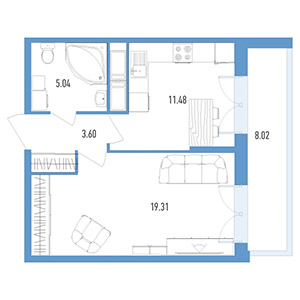 1-комнатная, 42.3 м² — ЖК ЖК Колумб
