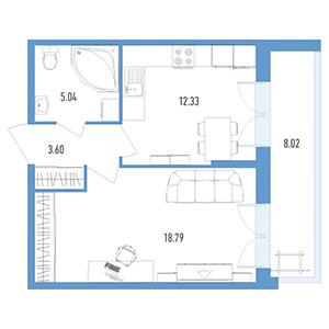 1-комнатная, 43.7 м² — ЖК ЖК Колумб